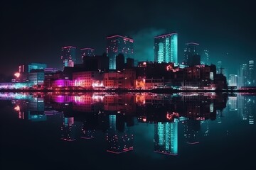 City on the ocean, neon lights of the metropolis. Reflection of neon lights in the water. Modern city with high-rise buildings. AI