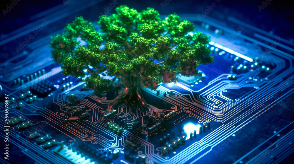 Poster the convergence of nature and technology is illustrated in the image of a tree growing from the soil