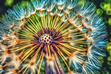 macro view of a dandelion with fluffy seeds. Generative AI