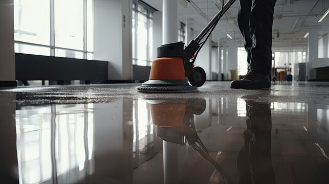 Worker Washing Office Floor with Cleaning Machine - AI Generated