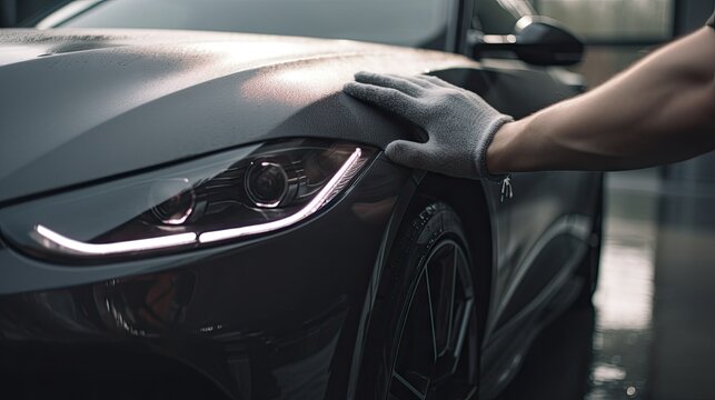 Male Hands Polishing Car with Microfiber Cloth - AI Generated