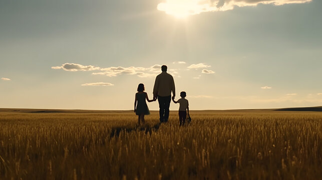family looking for the cross on autumn sunrise background ,concept  : worship  and hope ,Generative AI 
