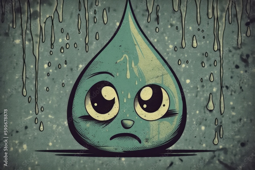 Poster single water drop with a distressed expression and droplets of water surrounding it. generative ai