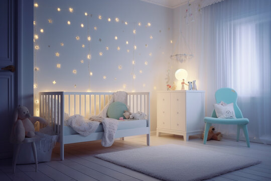 modern living room Interior of light children's bedroom with baby crib, lamp and toy, Generative AI