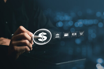 Financial technology concept (fintech).Man using tablet to make online financial transactions via digital network.