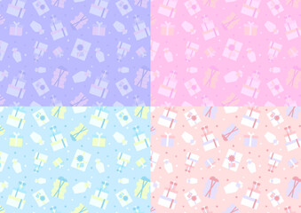 パステルカラーのプレゼントが並んだのシームレスな背景パターン4種