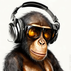 Chimpanzee Wearing Headphone and Eyeglasses