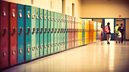 A row of colorful school lockers in a vintage-inspired image with a student walking by, creating a sense of activity and excitement