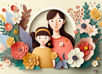 Mother's day 3d papercut a beautiful woman with baby celebrate Mothers Day and copy space, International Mother's Day