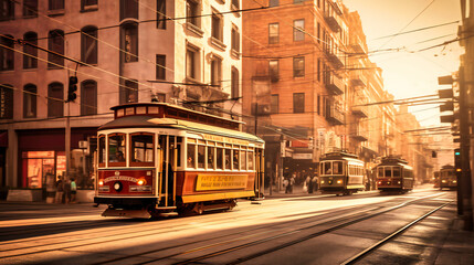 Naklejka na ściany i meble Cable cars moving along a downtown street at sunset, showcasing the intersection of old-world transportation and modern urban life
