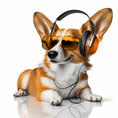 Happy Dog Listening Music with Headphone and Eye Glasses