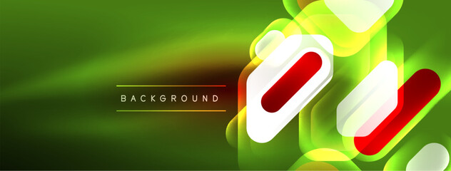 Neon lines, squares and round shapes abstract background. Techno glowing neon hexagon shapes vector illustration for wallpaper, banner, background, landing page, wall art, invitation, prints, posters