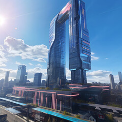Picture of a futuristic Building with a blue Sky, and Clouds. 