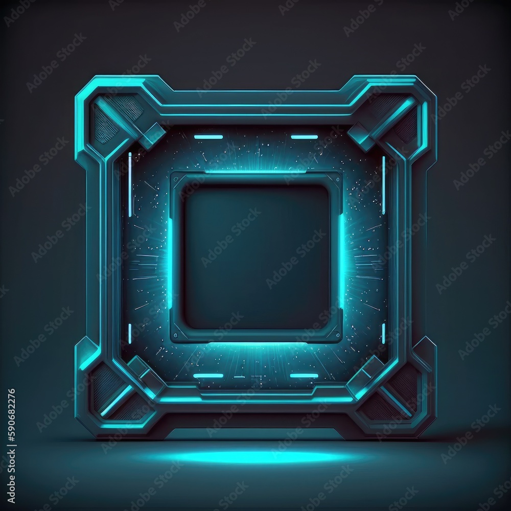 Poster abstract of glowing futuristic square frame illuminated with neon blue color light. concept of futur