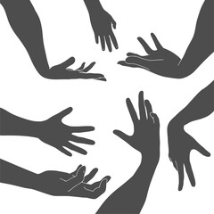 Various gestures of human hands isolated on a white background. Vector flat illustration of hands in different situations. Vector design elements for infographic, web, internet, presentation.