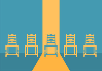Wooden chairs row. Standing out from the crowd concept. Business, sport and psychology