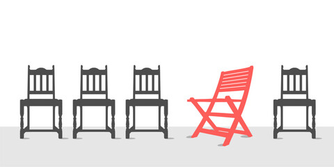 Wooden chairs row and outstanding beach chaise. Standing out from the crowd. Burnout psychology concept