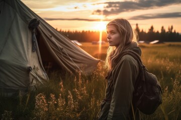 Young woman posing in front of a tent in a northern mountains. Generative AI