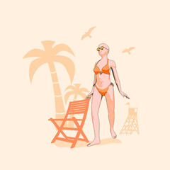 Illustration of a beautiful fashion model posing in a stylish swimsuit. Young attractive woman in bikini walking on a tropical beach. Sketch style outline