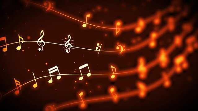 waves of Music Notes with Motion Blur and Light particles.  Seamless loop in Orange Musical Background. 