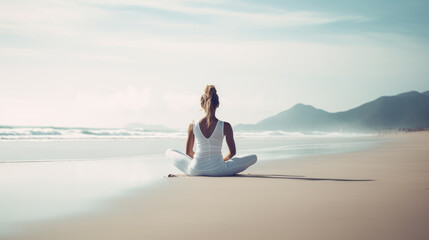 Fototapeta na wymiar Woman practicing yoga at seashore. Generative AI