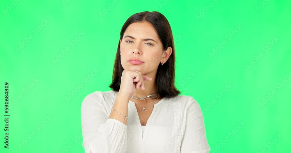 Poster Face, idea and decision with a woman on a green screen background in studio to consider an option. Thinking, mind and contemplating with an attractive young female looking thoughtful on chromakey