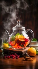 Glass teapot filled with fruit tea. Generative AI