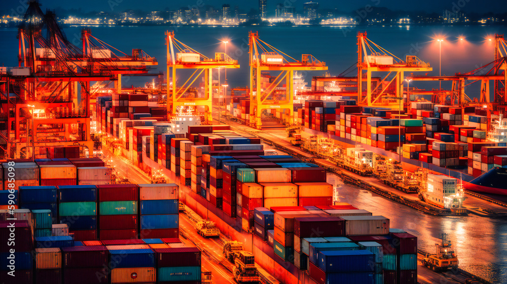 Poster a comprehensive image portraying the lively and colorful environment of a bustling port, showcasing 