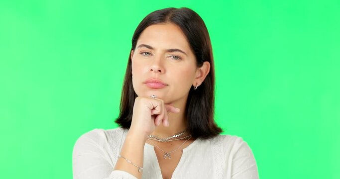 Face, woman and thinking of ideas on green screen, question or remember in studio. Female model, serious portrait and think of solution, decision or confused of choice, why or doubt of future mindset