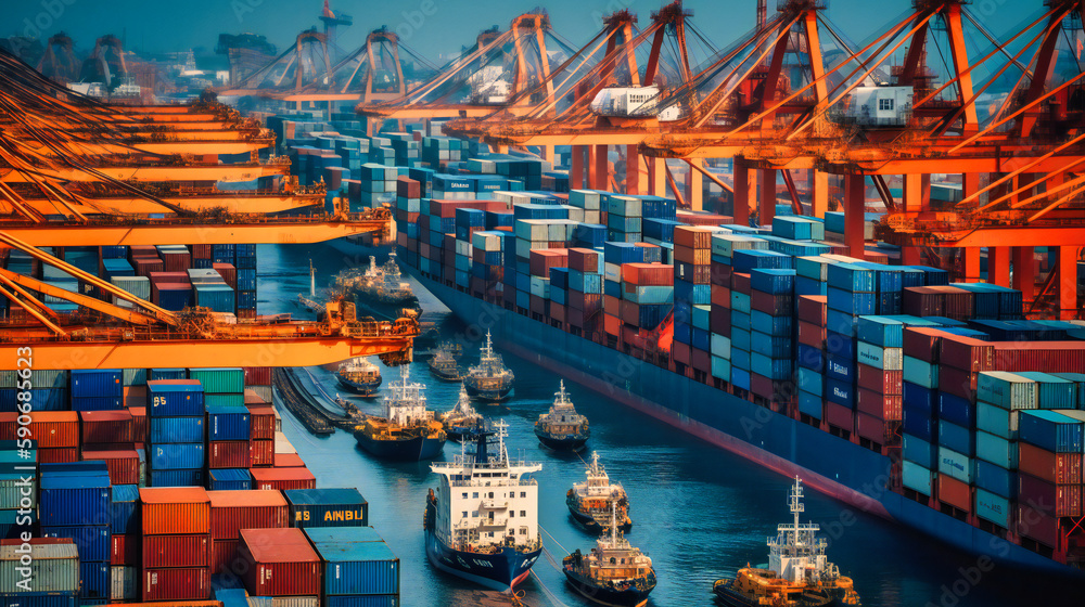 Poster a comprehensive image portraying the lively and colorful environment of a bustling port, showcasing 