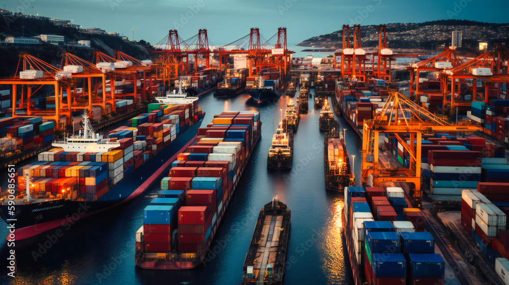 Poster a comprehensive image portraying the lively and colorful environment of a bustling port, showcasing 