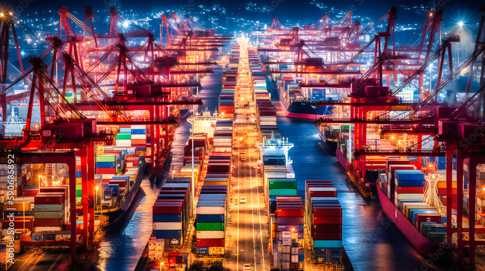 Poster an engaging image depicting the well-choreographed loading operations at a bustling harbor, showcasi