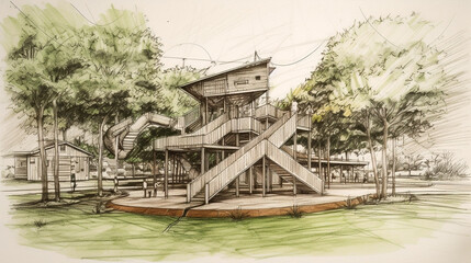 Fototapeta premium The watercolor illustration of a kid's playground. Built based on various themes that interest children. Located in an attractive landscaped environment. 