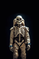 Bones in the Void. A Skeleton Astronaut Flying in Open Space. Generative ai.