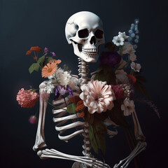 Bones of Love. Skeleton Holding a Bouqet of Flowers. Generative ai.