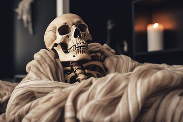 The Final Comfort: A Skeleton Snuggled Up in a Blanket. Generative ai.