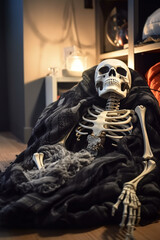Rest in Bones: A Skeleton Cuddled in a Warm Blanket. Generative ai.