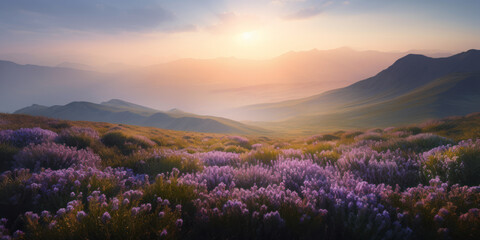 Fototapeta na wymiar Spring dawn in the mountains with pink purple flowers in green grass. AI generation