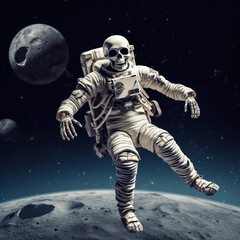 Skeleton Spacewalk. Undead Astronaut Flying in Open Space. Generative ai.