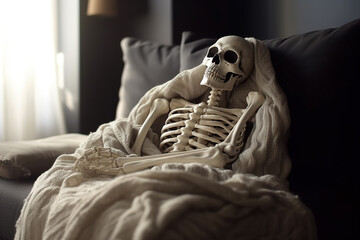 Bony Comfort: A Skeleton Wrapped in a Cozy Blanket. Generative ai.