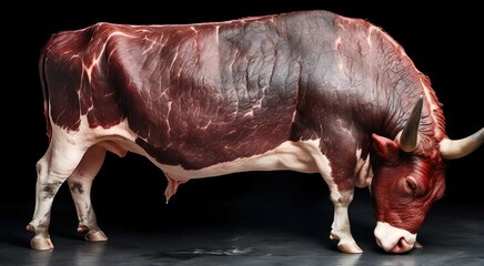 Cow with horns with meat instead of skin. Generative AI
