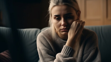 Young woman lying at home in living room sitting on sofa. She feeling sad and worried suffering depression in mental health - obrazy, fototapety, plakaty