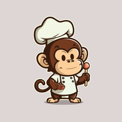 Mascot cartoon of cute smile monkey chef holding spatula wearing cap and uniform. 2d character vector illustration in isolated background