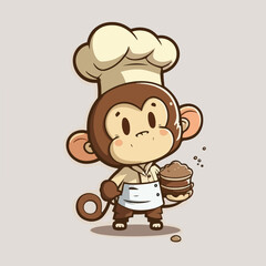 Mascot cartoon of cute smile monkey chef holding spatula wearing cap and uniform. 2d character vector illustration in isolated background
