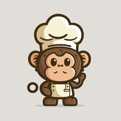 Mascot cartoon of cute smile monkey chef holding spatula wearing cap and uniform. 2d character vector illustration in isolated background
