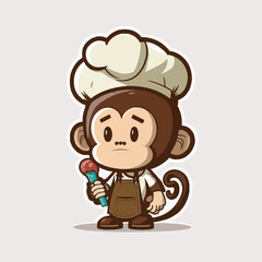 Mascot cartoon of cute smile monkey chef holding spatula wearing cap and uniform. 2d character vector illustration in isolated background