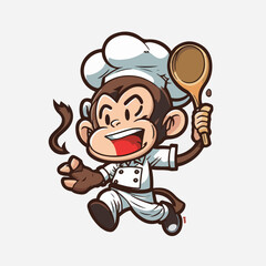 Mascot cartoon of cute smile monkey chef holding spatula wearing cap and uniform. 2d character vector illustration in isolated background