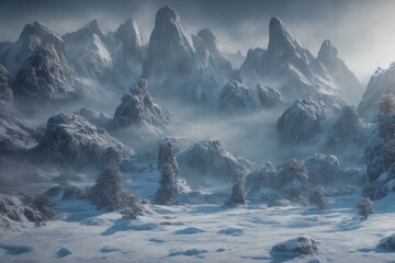 beautiful landscape view on snow covered mountains. Generative AI