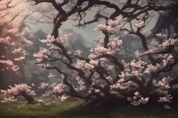 Fototapeta premium beautiful fantasy landscape view on cherry blossom in a asia in the mountains with amazing nature in the morning . Generative AI