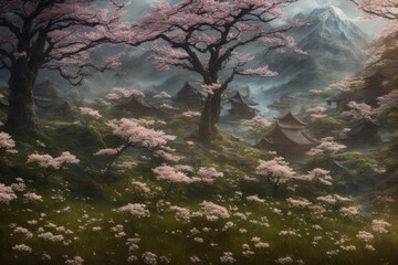 Fototapeta premium beautiful fantasy landscape view on cherry blossom in a asia in the mountains with amazing nature in the morning . Generative AI